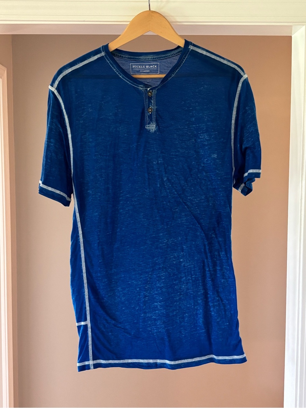 Buckle Blue Short Sleeve Henley with Contrast Stitch